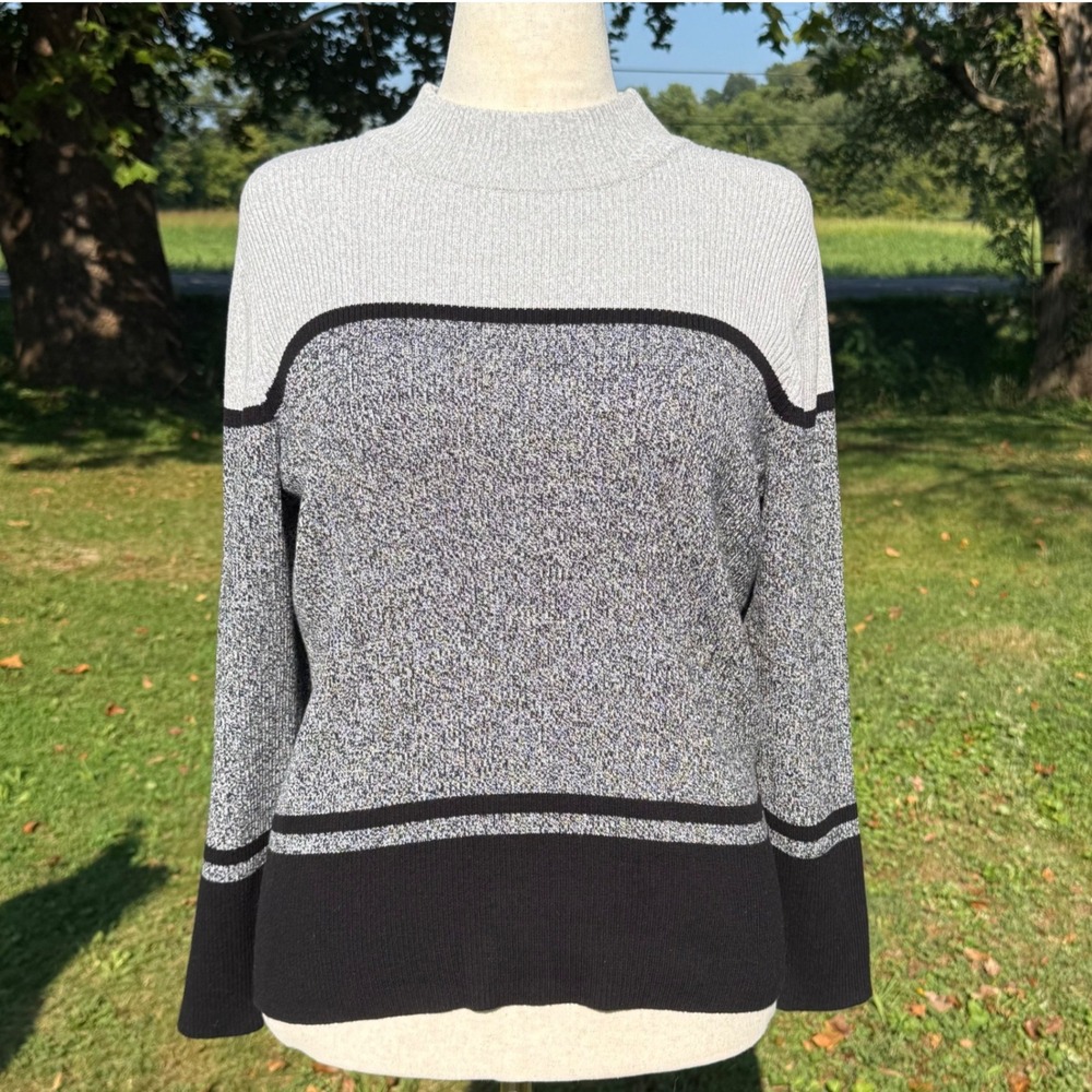 Karen Scott Womens Grey Marl Colorblock Cotton Mock Neck Sweater Large WPL Y2K